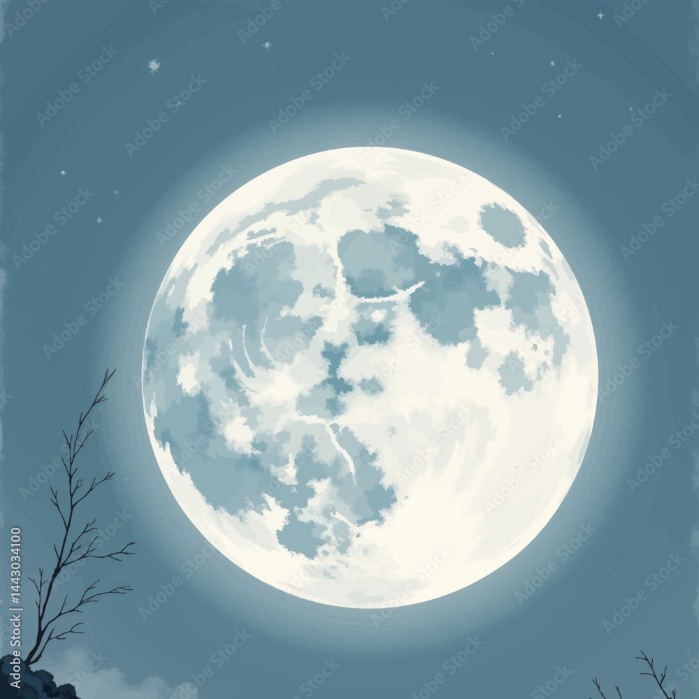 Full Moon with Stars and Bare Trees at Night