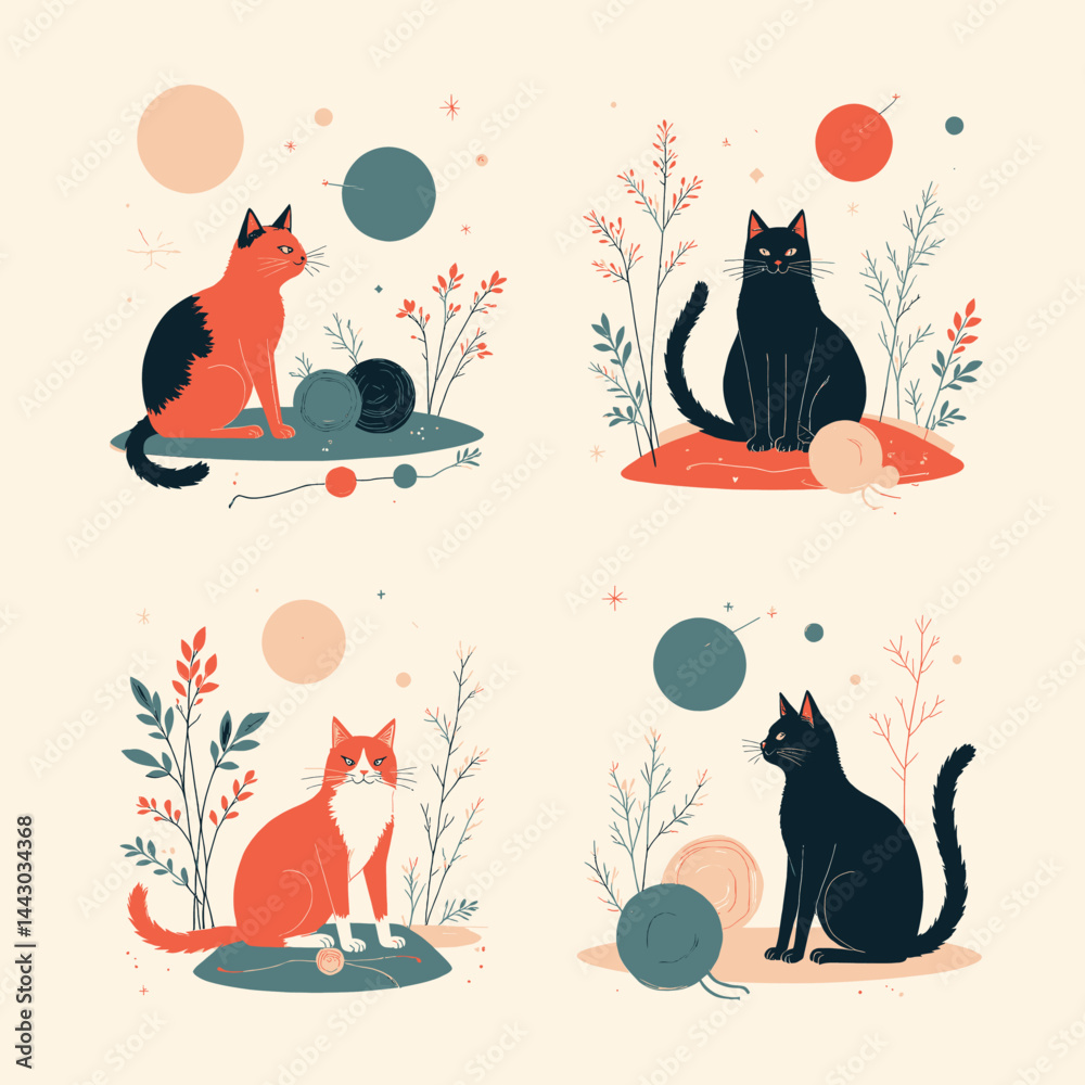 Four Cats with Yarn Balls and Celestial Orbs Illustration