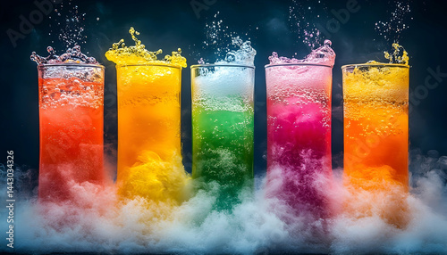 Colorful drinks splashing in smoky dark setting