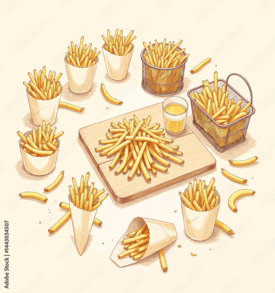 French Fries Still Life with Dip and Varied Containers