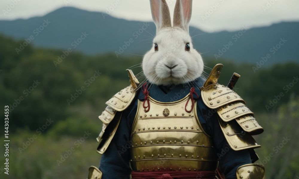 A rabbit wearing medieval-style armor stands in a green field