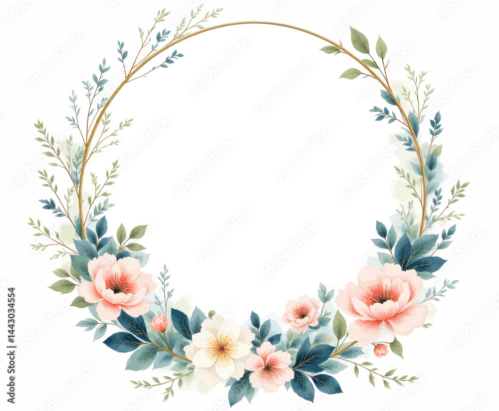 Floral Watercolor Wreath with Gold Frame Accent