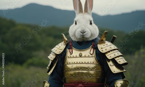 Obraz na płótnie A rabbit wearing medieval-style armor stands in a green field w salonie