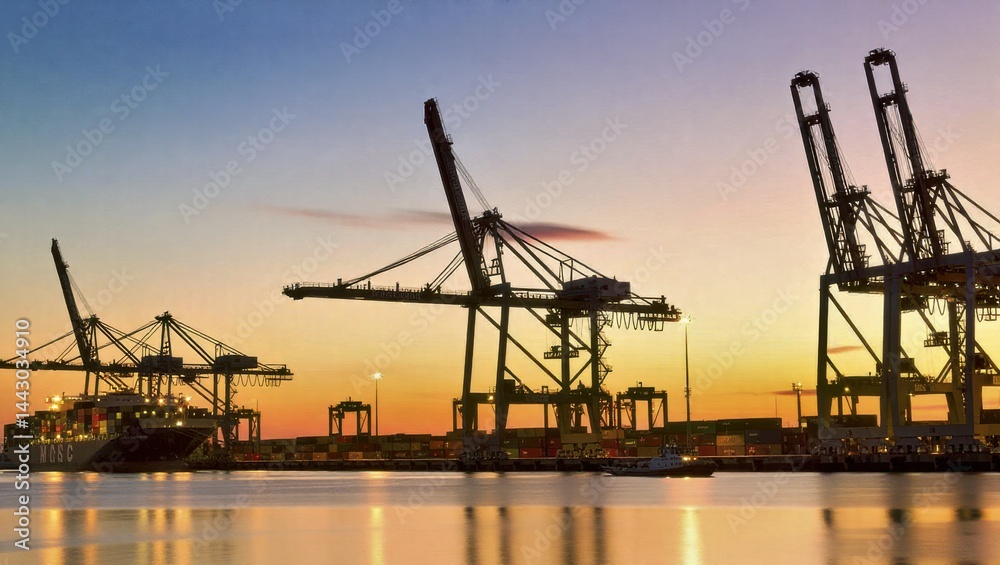Obraz premium Cargo cranes loading containers at busy port during twilight