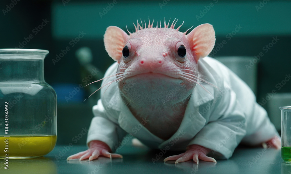 A rat wearing a lab coat and standing next to a beaker, great for science or medical illustrations