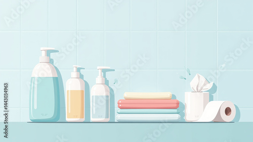 bathroom hygiene products include liquid soap towels toilet paper tissues bath shower health care