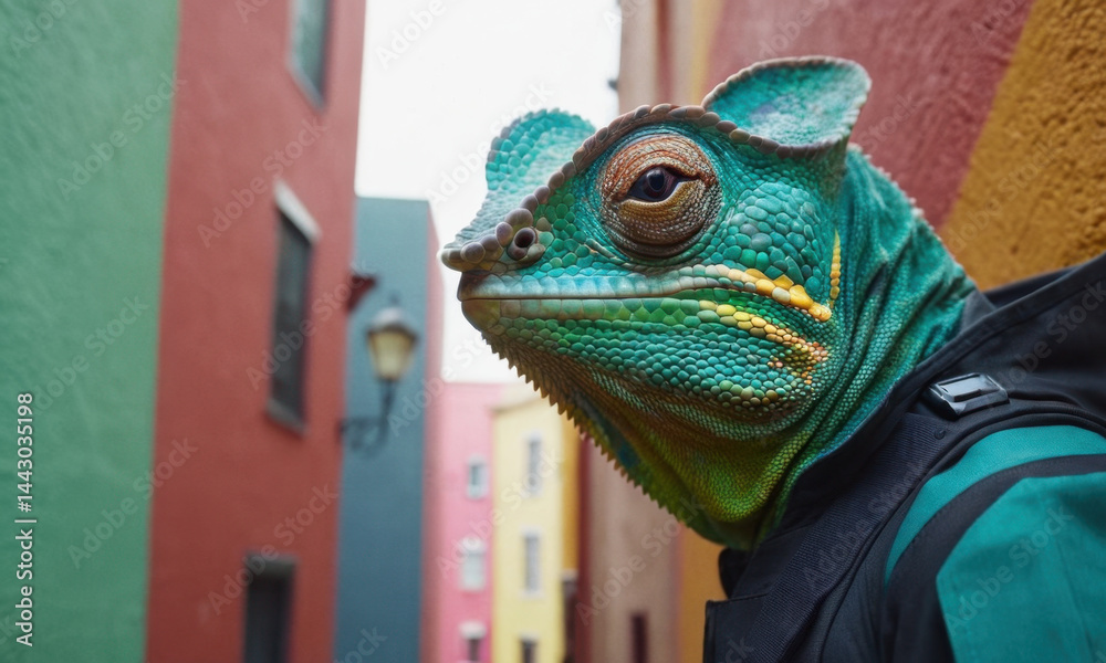 A green and yellow chamelon lizard stands near a building