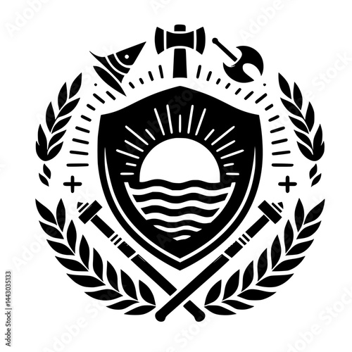 Rustic Graphic Emblem Illustration with Sun, Waves, Tools, and Wreath