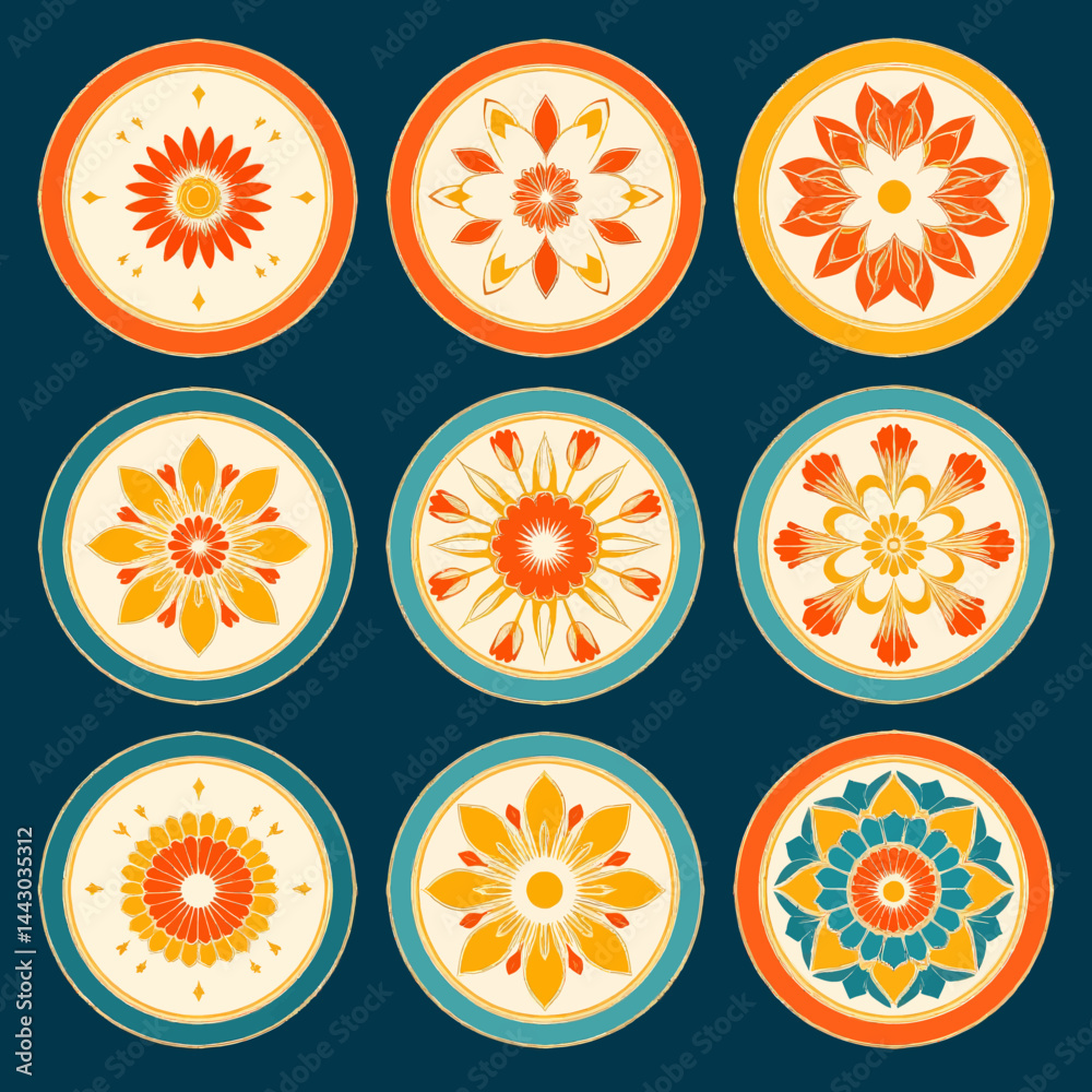Floral Medallion Pattern in Orange, Yellow, and Teal