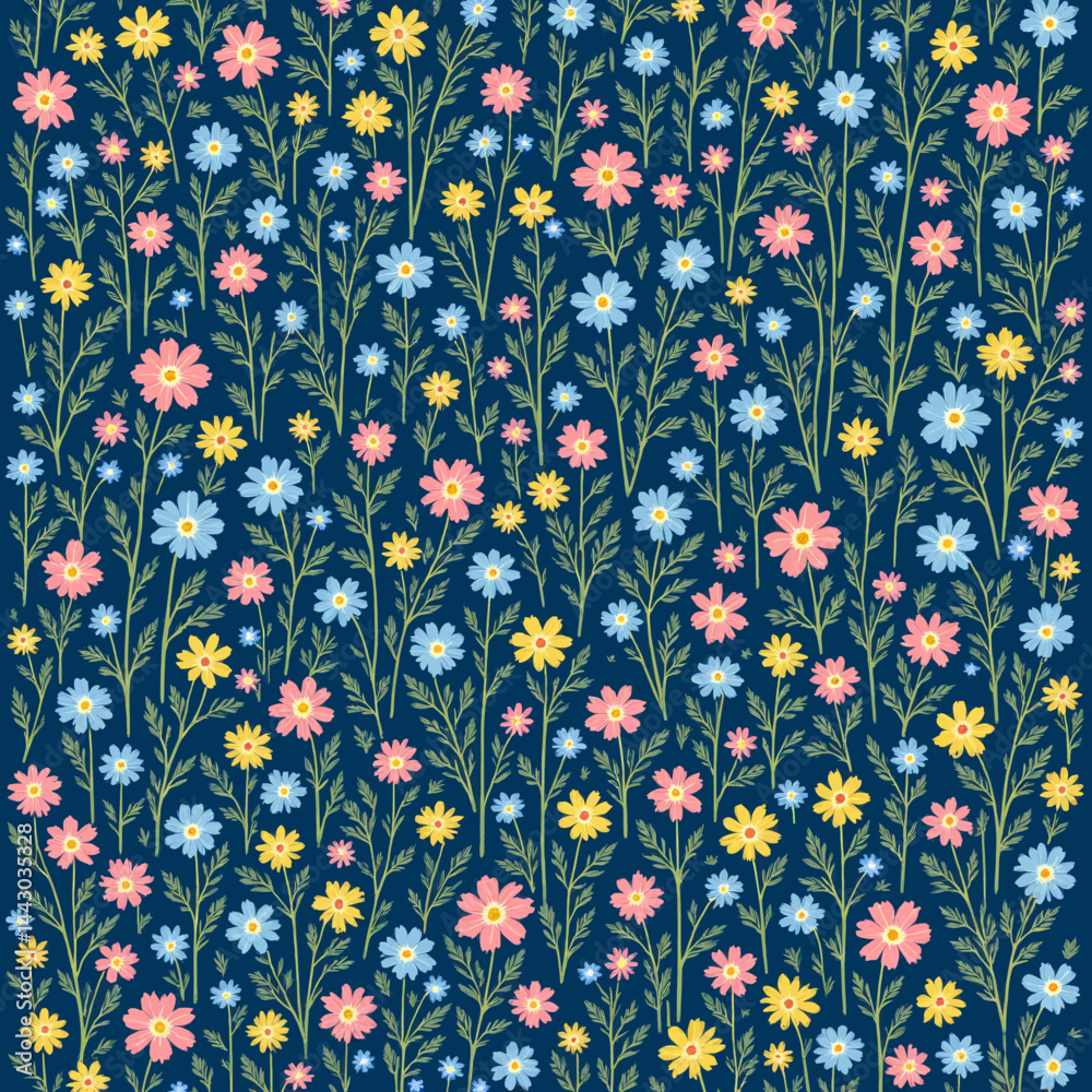 Floral pattern with pink, blue, and yellow flowers on navy