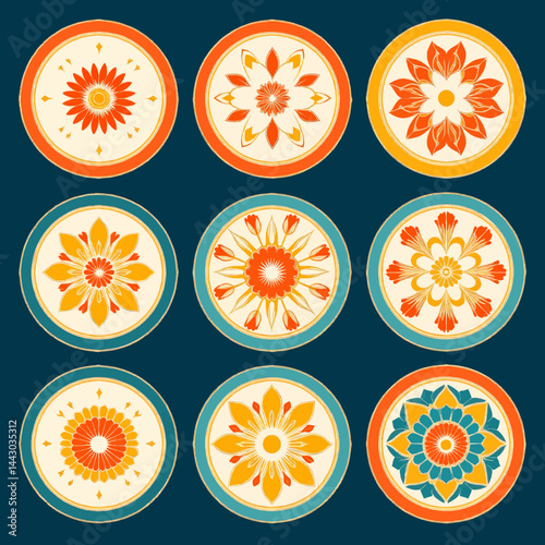 Obraz na płótnie Floral Medallion Pattern in Orange, Yellow, and Teal w salonie