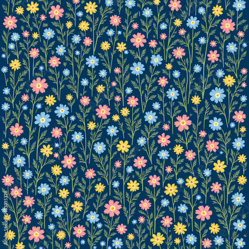 Obraz na płótnie Floral pattern with pink, blue, and yellow flowers on navy w salonie