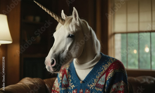 A person relaxing on a couch while wearing a fun and playful unicorn head sweater