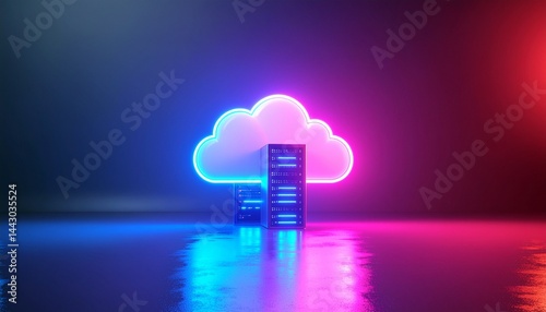 Cloud computing  platform  cost efficiency concept. Neon cloud and server graphic with colorful reflections.