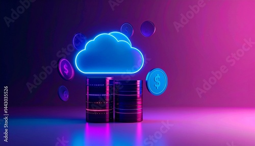Cloud computing  platform  cost efficiency concept. Digital cloud with coins representing finance and data storage.