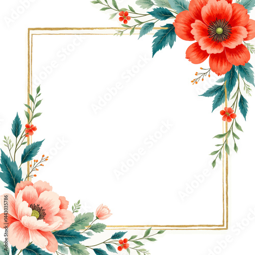 Obraz na płótnie Floral frame with red and peach blossoms, gold border w salonie