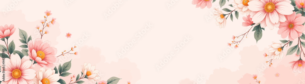 Floral Frame with Pink and White Daisies on Light Pink Background