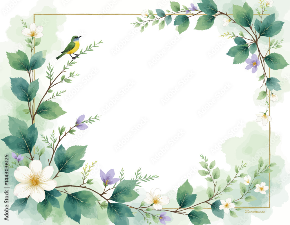 Floral Frame with Bird and Gold Border
