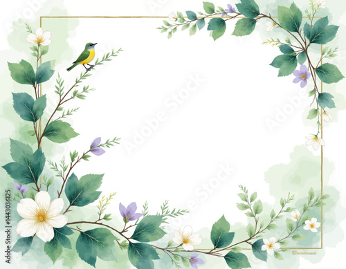 Obraz na płótnie Floral Frame with Bird and Gold Border w salonie