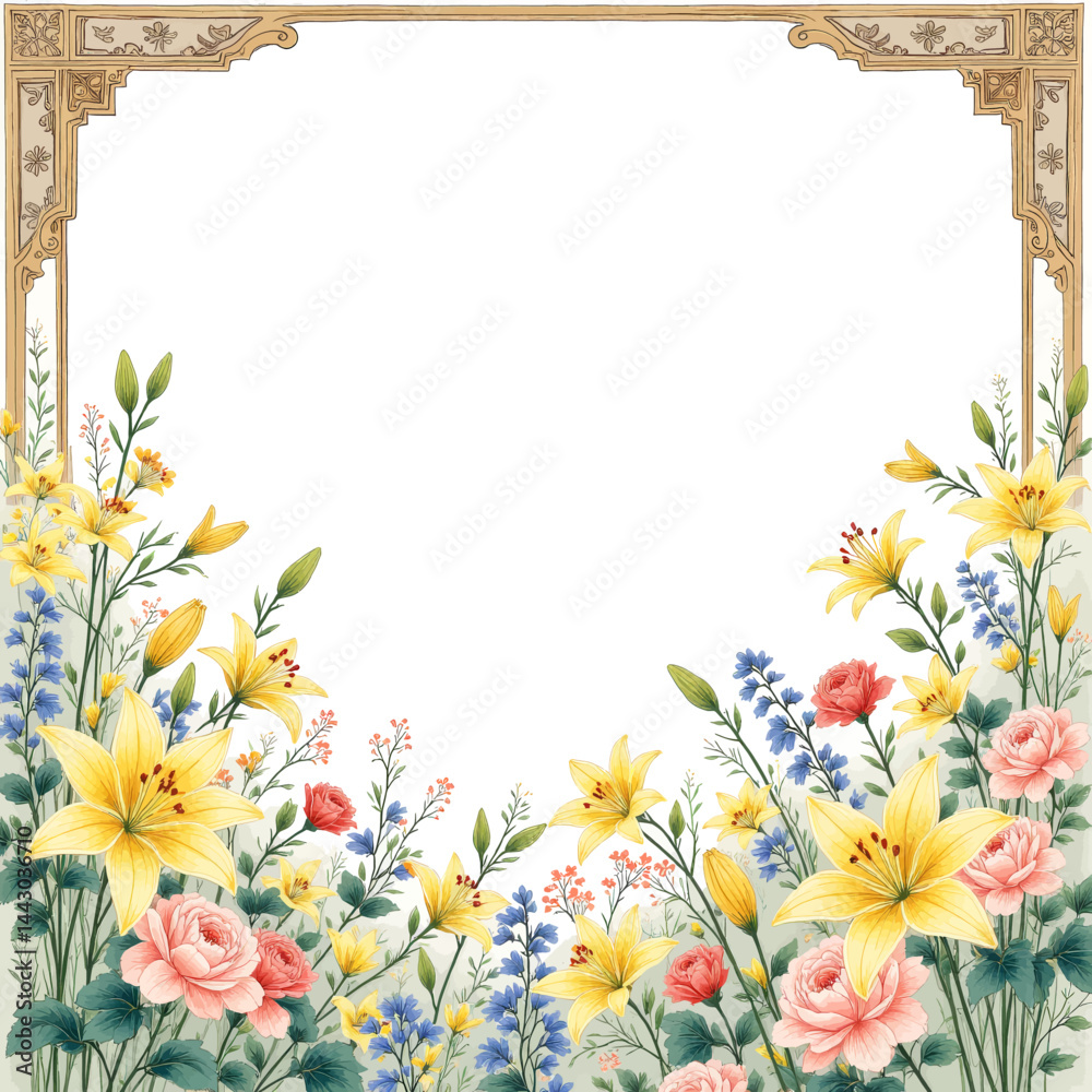 Floral border with yellow lilies, pink roses, and blue flowers