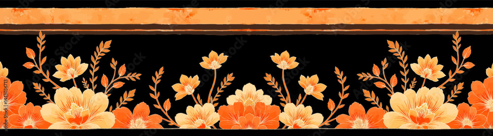Floral border with orange blossoms on black background