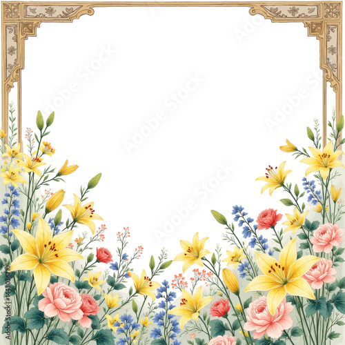 Obraz na płótnie Floral border with yellow lilies, pink roses, and blue flowers w salonie