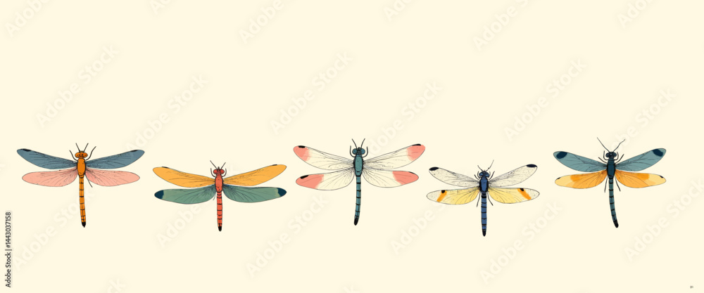Five Colorful Dragonflies on Cream Background