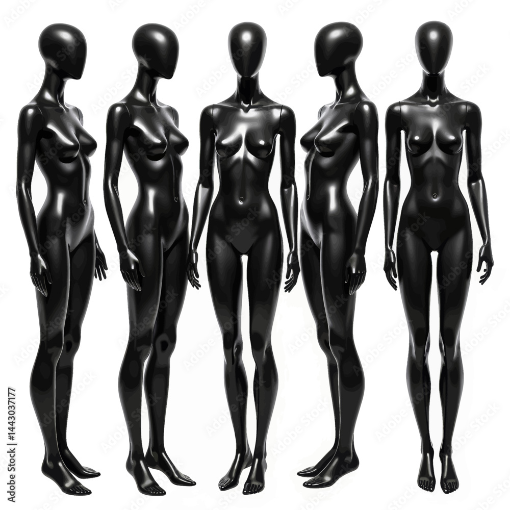 Five glossy black female mannequins on white