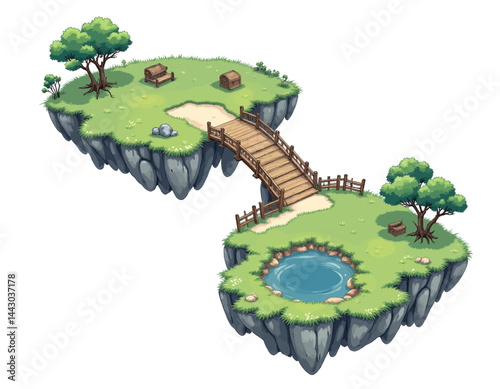 Floating Islands Connected by Wooden Bridge, Isometric View