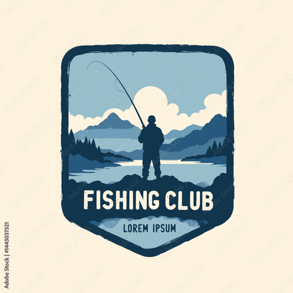 Fishing Club Logo with Angler Silhouette and Mountain Lake
