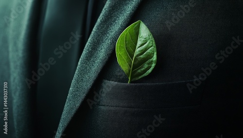 Sustainable business concept. A vibrant green leaf in a suit pocket