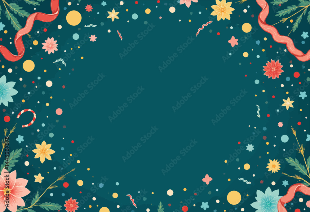 Festive Teal Background with Floral and Ribbon Border