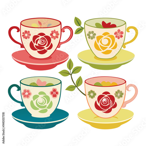 Elegant Teacups with Roses on White Background