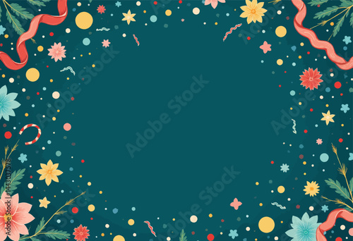 Obraz na płótnie Festive Teal Background with Floral and Ribbon Border w salonie