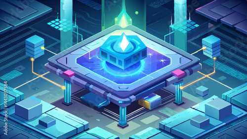 A futuristic cityscape with a large cube in the center. The cube is surrounded by smaller cubes and wires, and it is labeled with the word "Grammnet". The image has a futuristic and technological vibe