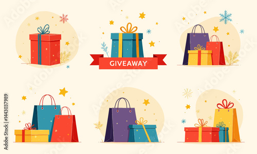 Obraz na płótnie Festive Giveaway with Gift Boxes and Shopping Bags Set w salonie