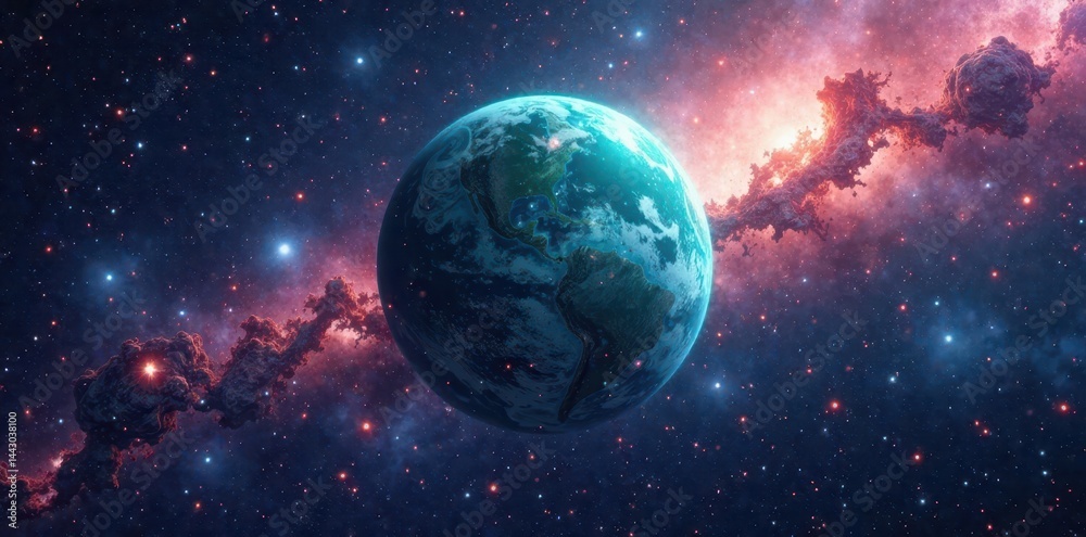 Obraz premium Stunning turquoise planet surrounded by a halo of colorful stars and galaxies, starry night, nebula