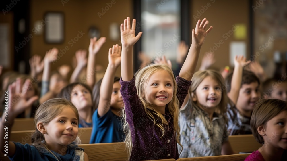 Fototapeta premium Children Raising Hands in Classroom