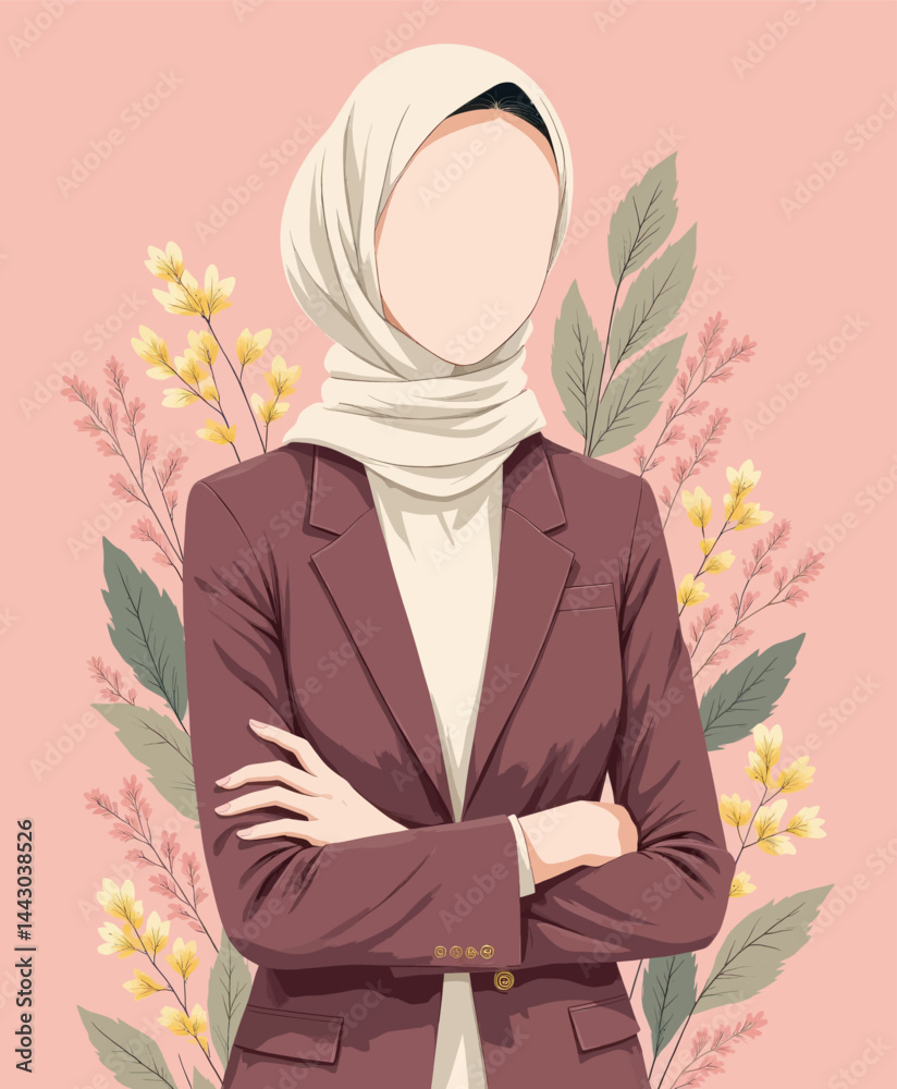 Faceless Hijabi Woman in Blazer with Floral Accent