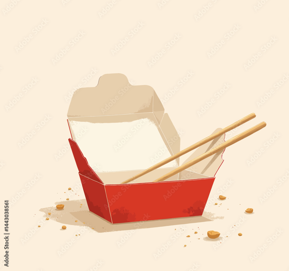Empty takeout container with chopsticks and crumbs