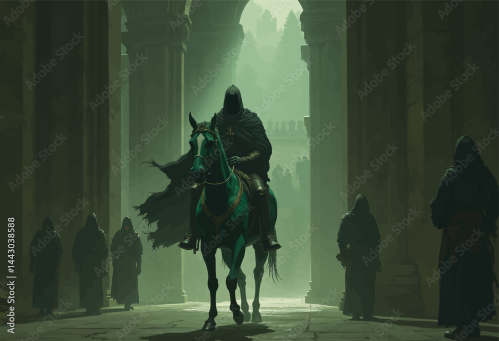 Emerald Horseman with Hooded Figures in Stone Archway