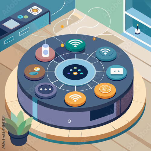 A kitchen scene with a smart device on a table. The device is a smart oven that has a colorful display. The oven is surrounded by various kitchen items such as a bowl, a cup, a spoon