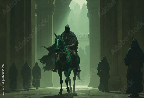 Obraz na płótnie Emerald Horseman with Hooded Figures in Stone Archway w salonie