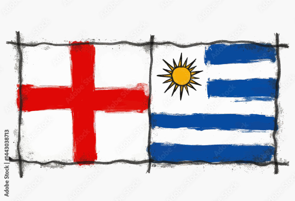 England and Uruguay Flags Painted with Grunge Borders