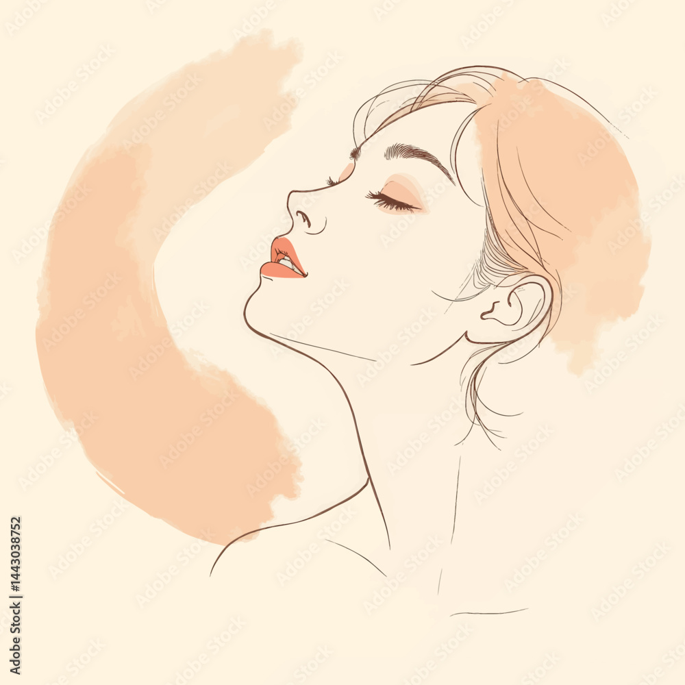 Elegant woman with closed eyes in peach tones illustration