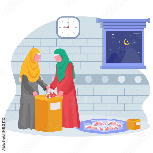 Meat Distribution with Faith and Love concept, Women Engaged Preparing Qurbani Packing vector design, Eid al-Adha scene, Eid-al-Kabir Hajj banner, Traditional Arabic Muslim Festival stock illustration