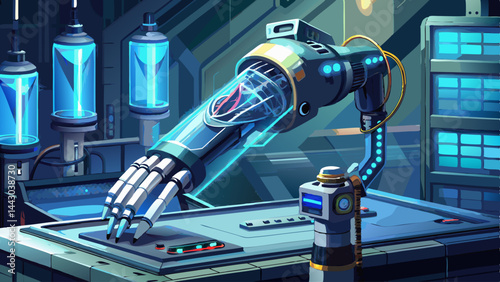 A robot is working on a blue machine. The robot is surrounded by other robots and machines. The scene is futuristic and industrial