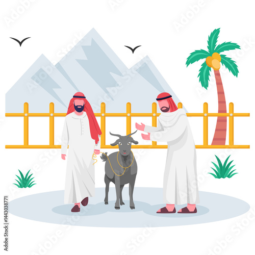 Middle Eastern livestock market concept, Countryside Organic goat farms with yellow fence vector design, Eid al-Adha scene, Eid-al-Kabir Hajj banner, Traditional Arabic Muslims Festival illustration