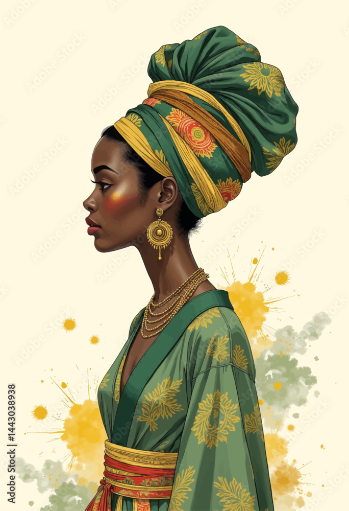 Elegant Woman in Green Turban and Gold Jewelry Profile