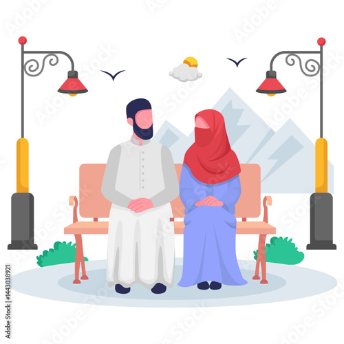 Arabic Couple sitting in Public Park concept, Family Celebrating festive together outdoor vector design, Eid al-Adha scene, Eid-al-Kabir Hajj banner, Traditional Arabic Muslims Festival illustration